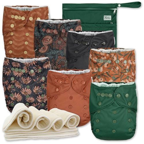 Nora's Nursery AWJ Cloth Diapers 7 Pack with 1 Wet Bag - Waterproof Cover, Washable, Reusable & One Size Adjustable Pocket Diapers for Newborns and Toddlers - Dahlia