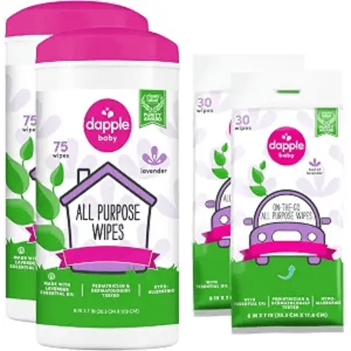 Dapple Baby All Purpose Cleaning Wipes - (2 Pack) 75 Count Canisters + (2 Pack) 30 Count Pouches - Plant-Powered & Hypoallergenic - Lavender Scent - Baby Essentials