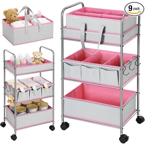 2in1 Colorful Baby Diaper Caddy Organizer Cart 3 Tier Large Capacity Metal Utility Bedside Rolling Cart with Divider for Newborn Nursery Essential Must Have Crib Bedroom Baby Shower(Pink)