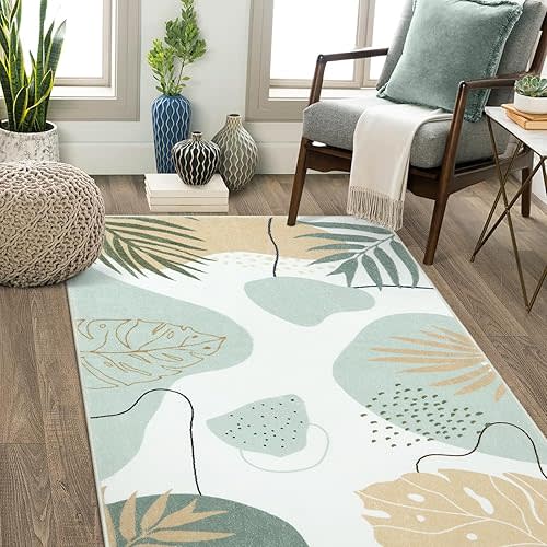 Seavish Washable Rugs for Living Room 5x7 Green Area Rug for Bedroom Low Pile Mid Century Modern Decor Rug Soft Non-Shedding Kids Room Rug Large Accent Throw Rug for Entryway Office Dining Room