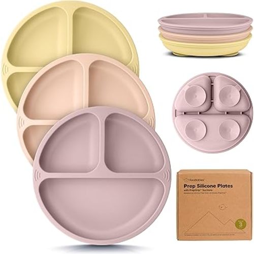 KeaBabies Suction Plates for Baby, Toddler - 3-Pack 100% Silicone Toddler Plates with Suction, Divided, BPA-Free Baby Led Weaning Essentials for Kids, Dishwasher, Microwave Safe, Durable (Dusk)