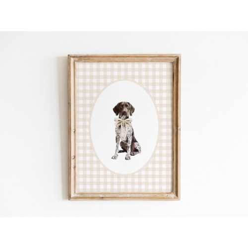 German Shorthaired Pointer Nursery Decor, Watercolor GSP Dog Print, Gender Neutral Nursery, Boy Gingham Wall Print, Tan Beige Bow Wall Art