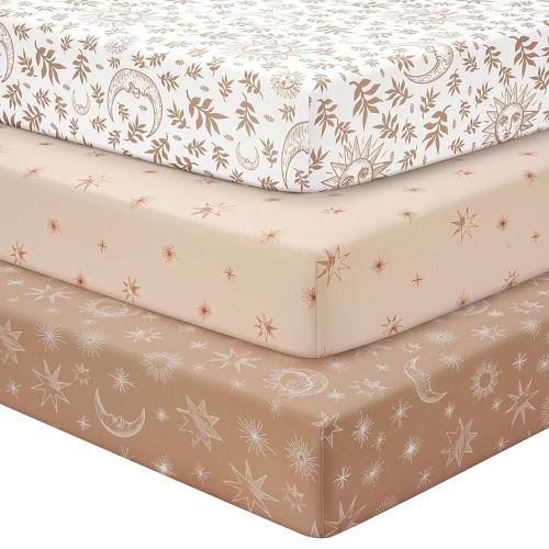 Baby Crib Sheets for Boys Girls, Fitted Crib Sheet Neutral 3 Pack for Standard Crib and Toddler Mattress, Breathable Soft Microfiber Baby Sheet 28x52x8in White Brown Sun God