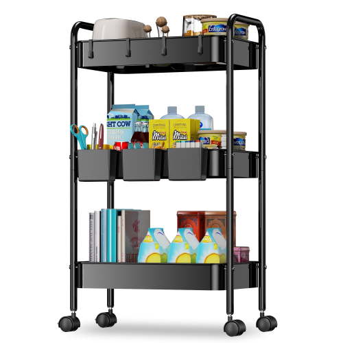 3 Tier Rolling Cart, Metal Utility Cart with 3 Hanging Cups and 4 Hooks, Handle and Lockable Casters, Mesh Rolling Storage Cart Organizer, Easy Assembly for Kitchen Office, Black