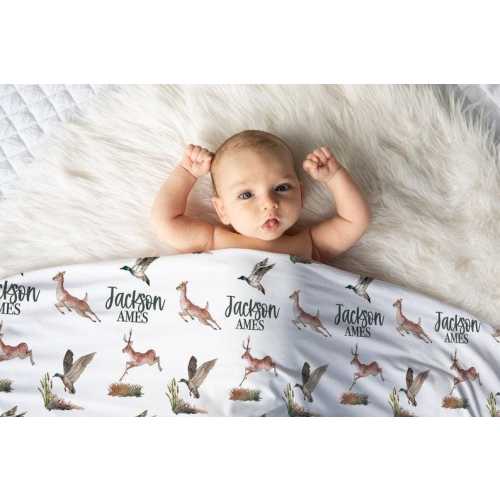USA MADE Personalized Baby Boy Duck Deer Hunting Swaddle Blanket | Newborn Boy Nursery Decor, Swaddle Blanket