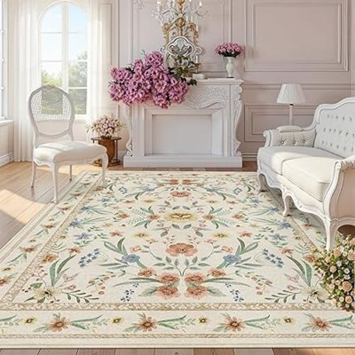 Beige Floral Area Rug 5x7,Neutral Washable Girls Bedroom Rug for Nursery, Playroom or Kids Room,Soft Non-Slip Carpet for Baby Room and Modern Home Decor