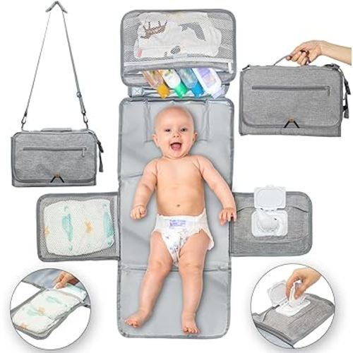 Large Portable Changing Pad for Baby with Shoulder Strap - Compact Diaper Bag Changing Pad with Wipes Pockets & Head Pillow, Baby Changing Mat Portable, Infant Waterproof Travel Changing Pad for Baby