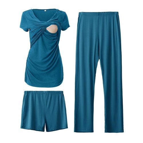 SUNNYBUY Women's Maternity Postpartum Pajamas Set, Breastfeeding Tops,Adjustable Pregnancy Shorts & Pants 3 Piece Nursing PJS