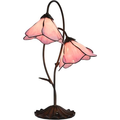 Bieye L10811 Flower Tiffany Style Stained Glass Table Lamp with 8-inch Wide Bent Glass Lampshade Lily Pad Base (2-Light, Pink)