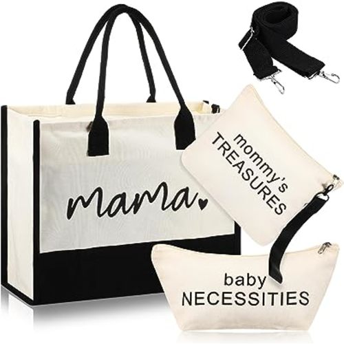 Silkfly 3 Pcs Mama Bag Canvas Mom Tote Bag with Zipper Black Mama Hospital Bag Momlife Tote Bag Mother Gifts for New Mom Pregnant Women Labor and Delivery Hospital Shopping Beach Travel