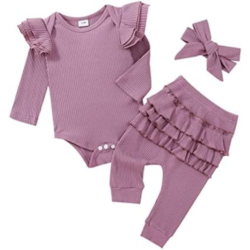 Baby Girl Clothes Newborn Romper Long Sleeve Infant Outfits 3Pcs Ruffle Tops + Pants + Headband