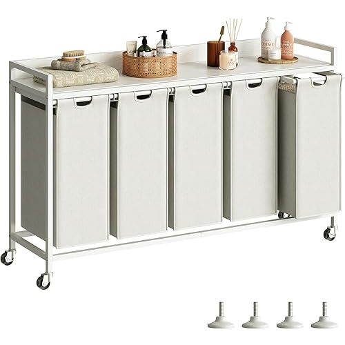 Laundry Hamper with Shelf, Laundry Basket 5 Section, Laundry Sorter with Pull-Out Removable Large Bags and Movable Wheels, Metal Frame, 5 x 15.87 Gallons (60L), White PF08XLW