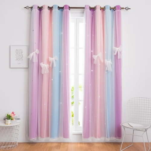 Blackout Curtains for Girls Kids Bedroom, Colorful Double Layer Star Cut Out Curtains for Girls Room Nursery Home Decor, 52''x 63'', 1 Panel