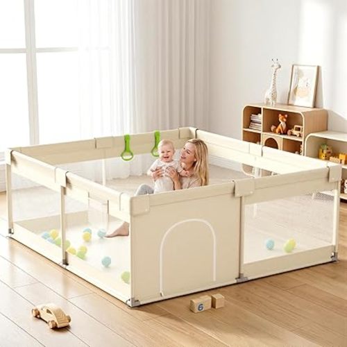 Uanlauo Beige Small Baby Playpen - 47x47in Playpen for Babies and Toddlers, Safe Indoor Play Pen, Baby Pen with Storage Bag and Breathable Mesh