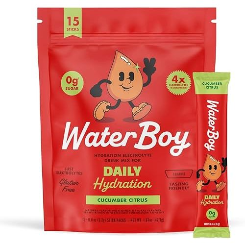 Waterboy Daily Hydration | 1,570mg Electrolyte Powder Packets | No Sugar, All Natural, Gluten Free, Zero Calories | 15 Drink Stick Mixes (Cucumber Citrus)