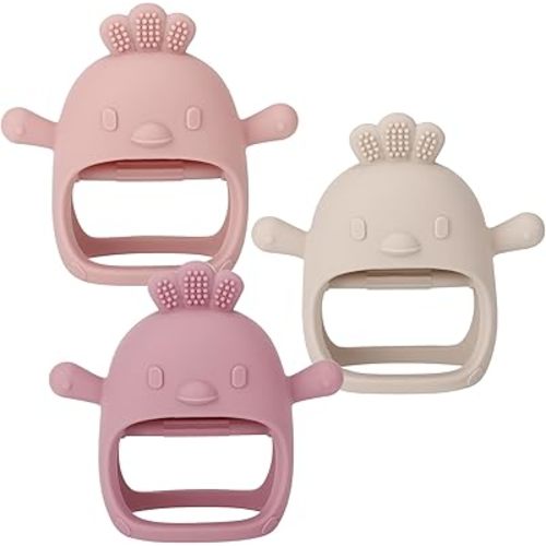 Socub 3 Pack Silicone Baby Teether Toys for Infants 3+ Months, BPA Free Anti-Drop Silicone Mitten Teething Toy for Soothing Sore Gums, Baby Chew Toys for Sucking Needs, Rose Pink,Dark Pink,Beige