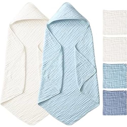 Baby Hooded Bath Towel and Washcloth Sets, 2 Pack Hooded Towel Set for Newborn, 100% Muslin Cotton Bath Towel with Hood for Infant, Essentials for Baby Boys & Girls, Shower Gifts, 32x32Inch