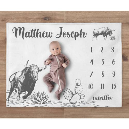 Bull Milestone Blanket, Custom Western Name Blanket, Personalized Rodeo Baby Boy Month Blanket, Newborn Gift, Cowboy Baby Shower Gift