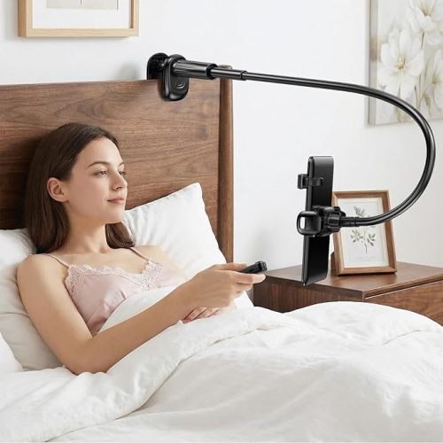Gooseneck Kindle & Phone Holder with Page Turner Remote for Bed: Flexible Long Arm Clamp Mount for Hands-Free Reading, Bedside Desk Headboard Stand for 4.7–8.6" Devices