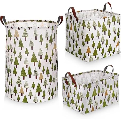 Zopeal 3 Size Large Round Rectangle Square Foldable Storage Box Set, Laundry Basket Organizer Toys Gift Basket Clothes Storage Box for Home, Office, Toy Storage, Home Decor (Green Forest)