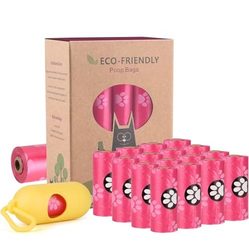 WDFAACK Biodegradable Dog Poo Bags with Holder-240 Large Poop Bags, Corn Starch Blended Compostable Bag, Extra Thick Strong Leak Proof Waste Bag for Dogs (Pink)