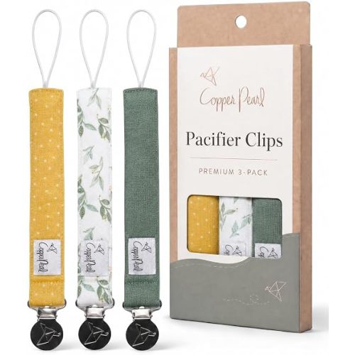 Copper Pearl Pacifier Holder 3-Pack: Premium Knit Binky Clips for Babies - Stylish Stainless Steel Design, Prevents Floor Drops - Fern