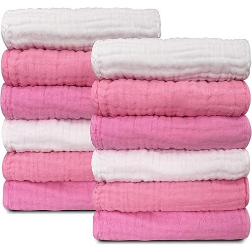 Sunny zzzZZ Baby Muslin Washcloths -100% Cotton Muslin Soft Baby Bath Wash Cloths and Absorbent Burp Cloths for Newborns Kids Girls and Boys -12 Pack, 12x12 Inches - White+Deep Sakura Series