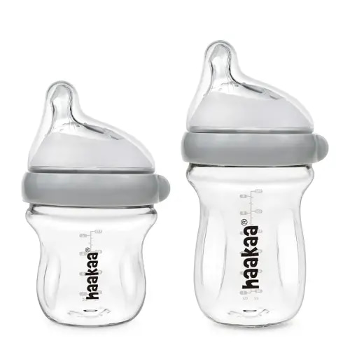 haakaa Gen.3 Natural Glass Baby Bottle Set 4.2oz & 6oz - Wide Neck Anti-Colic Slow Varibale Flow Nipple, 0M+ 3M+ 6M+ Breastfed Babies