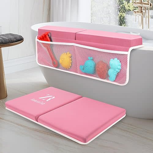 Baby Bath Kneeler and Elbow Rest Pad Set - Comfortable Non-Slip Cushion with Toy Organizer Pockets, Baby Bathtub Mat for Bathing Needs, Baby Bath Set for Toddlers and Newborns (Pink)