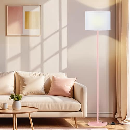 Ambimall 60'' Modern Floor Lamp with Shade, Tall Lamps for Living Room, Bedroom, Office, Dining Room, White Shade with Pink Pole(Without Bulb)