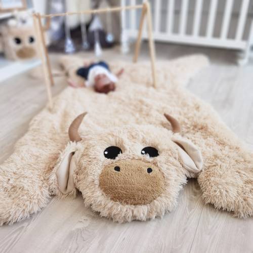 Baby Nursery Highland Cow Rug - Farm Animal Playmat for Newborn, Cow Themed Nursery Decor, Baby Shower Gift