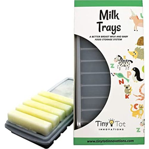 Breast Milk Freezer Storage Trays, 10-1oz Bars, 2 Silicone Tray Containers w/Leak Resistant Lids, Food Grade Silicone (Milk Trays)