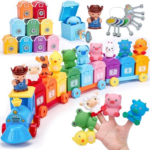 Toddler Learning Toys for 2 3 Year Old Boy Girl - Counting Matching & Sorting Activity Montessori Train Set with Farm Animals, Finger Puppets, Keys to Lock and Unlock Barns, Preschool Birthday Gift