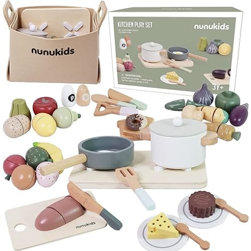 Wooden Play Food Sets for Kids Kitchen 42 pc Wooden Toys with Storage Basket Wood Pretend Food Play Kitchen Accessories Set
