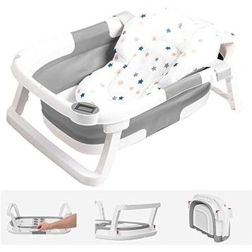 NAPEI Collapsible Baby Bathtub for Infants to Toddler, Portable Travel Bathtub Multifunctional Bathtub with Drain Hole, Baby Folding Bathtub for Newborn 0-36 Month (Grey+Floating Baby Bath Cushion)