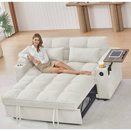 65'' Convertible Sleeper Sofa Bed with Adjustable Backrest, Chaise Lounge, Side Table & USB/Type-C Ports – Stylish & Functional Addition to Any Living Room (White)