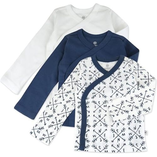 HonestBaby 3-pack Long Sleeve Side-snap Kimono Tops 100% Organic Cotton for Newborn Baby for Infant Boys, Girls, Unisex