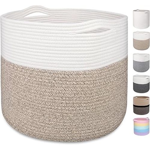 Large Woven Basket 15.8x13.8in, Cotton Rope Baskets living room, Laundry Basket, Toy Bin, Decorative Round Baskets Storage Organization for Blanket Throw Decor - White Brown