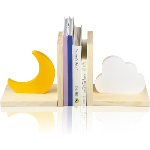 2 Pcs Nursery Decor Daisy Wooden Bookends Pink Rainbow Wooden Children Bookends Moon and Cloud Bookends Nursery Bedroom Decor for Home Nursery Kid (Moon and Cloud)