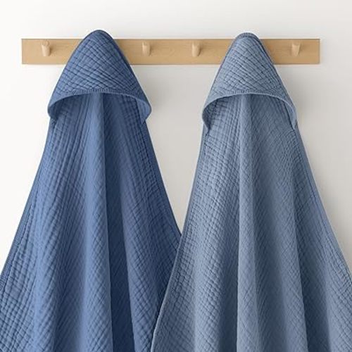 Looxii Baby Bath Towels 2 Pack Muslin Hooded Baby Towels for Newborn and Infants, 100% Cotton, Large 32x32Inch, Soft and Absorbent Gradient Blue