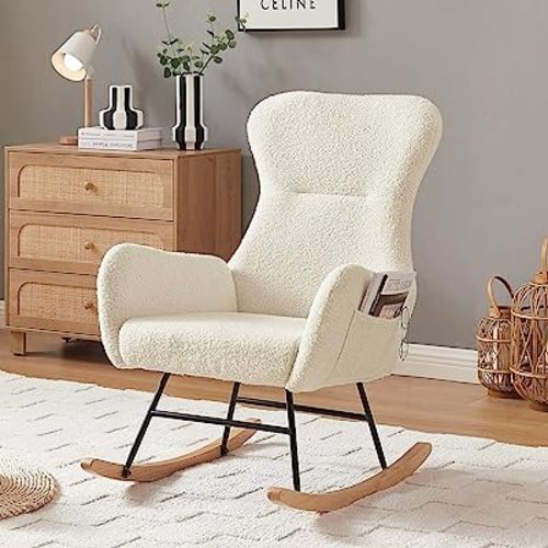 hansones Rocking Chair Nursery,Modern Accent Rocking Chair,Upholstered Nursery Glider Rocker for Baby,Rocking Chair Indoor for Living Room/Bedroom/Nursery(Cream White Teddy Fabric)