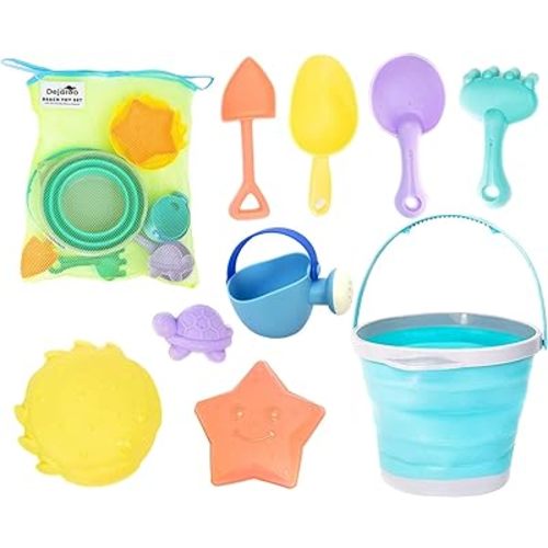 Beach Toys, Sand Box Toys for Kids Outdoor, Set of Sand Toys with Silicone Collapsible Bucket, Kids Watering Can, Shovels, & A Variety of Molds, Includes Storage Pouch, 9-Piece Set