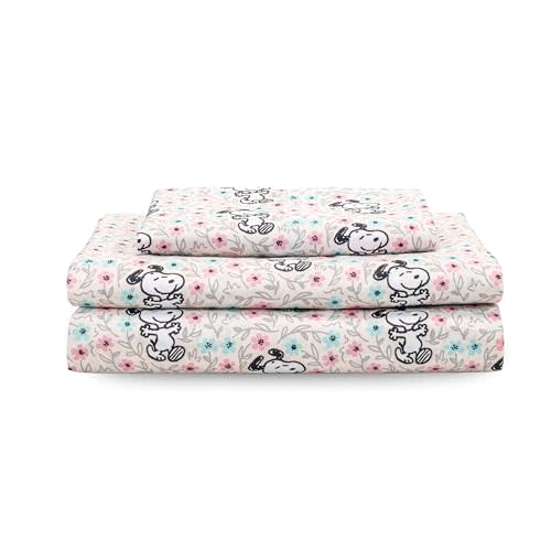 Berkshire Blanket Peanuts® Kids Sheet Set, Twin Size - 3 Pieces, Peanuts® Mini Snoopy Spring Floral Happy Dance Soft Grey, Cute Character Snoopy Printed Soft Microfiber Bed Sheets
