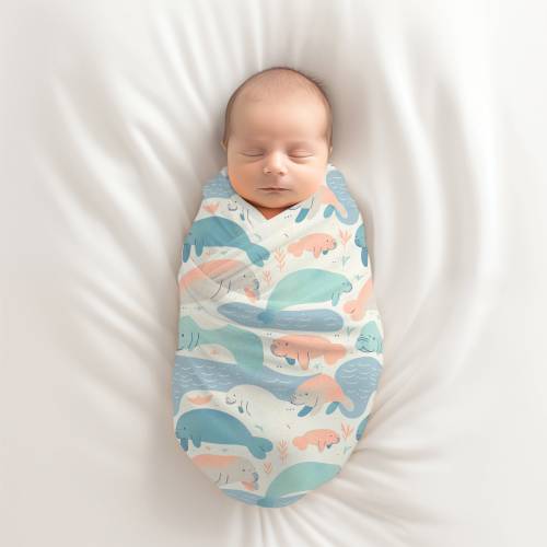 Manatee Baby Swaddle Blanket, Newborn and Infant Wrap, Gender Neutral Baby Shower Gift, Coming Home Accessory, Soft Lightweight Baby Bedding