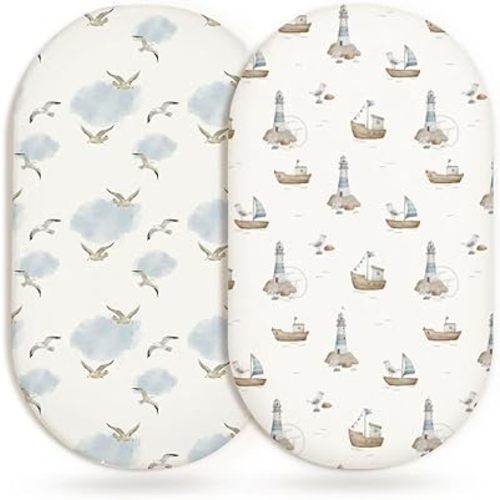 Bassinet Sheets for Baby Girls Boys 2 Pack, Fitted Baby Mattress Sheet for Rectangle, Oval, Hourglass Bassinet Mattress, Breathable Cozy & Universal Fit (Sailing Waves, Bassinet Sheet)