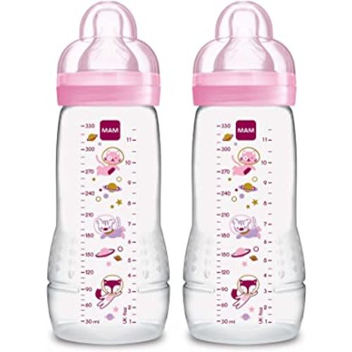 MAM Easy Active Baby Bottles 11oz, Fast Flow Skinsoft Silicone Nipple with Wide Neck Ergonomic Design, Easy to Hold, BPA-Free, Bottles with Leak-Proof Caps for 4+ Months Baby