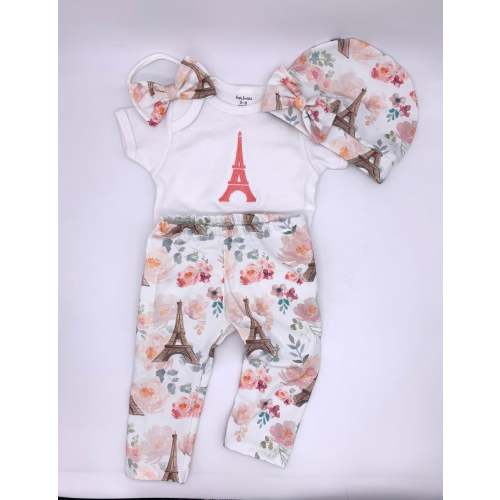 Bonjour Baby! Paris Floral Print Pants + Beanie Bow Hat or Headband + Eiffel Tower Embroidered Bodysuit | Limited Stock