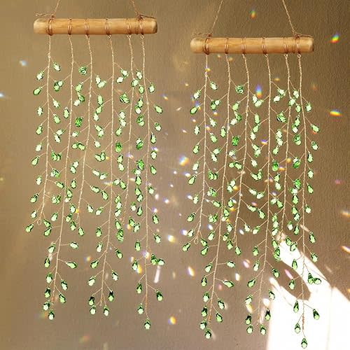 Suncalla 2 Pcs Crystal Suncatchers for Window Boho Decor Hanging Sun Catcher Making Rainbow Green Plants Artificial Crystal Prisms Wind Chime with Chain for Garden Home Wedding Ornament Gift