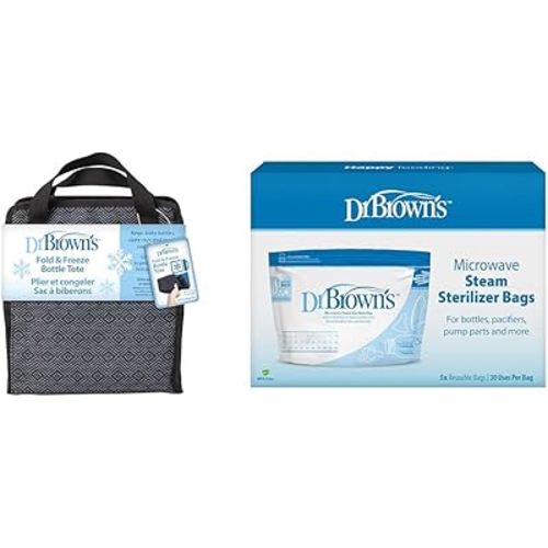 Dr. Brown's Fold & Freeze Bottle Tote, Breastfeeding Essential Cooler Bag, 6 Baby Bottles Milk Storage - Black & Microwave Steam Sterilizer Bags for Baby Bottles, Pacifiers