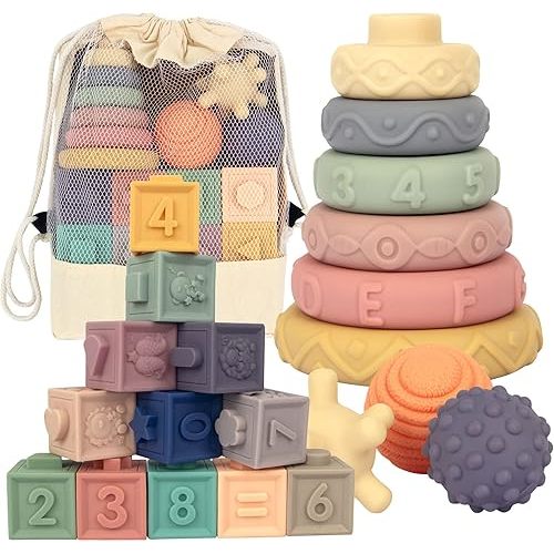 21PCS Montessori Toys for Babies,Teething Toys for Babies Months, 6 Months+, Early Educational Learning Stacking Tower, Sensory for Toddlers 1-3, Soft Rings Stacker & Teethers